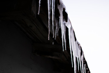 Iced water hanging from the roof. Dangerous sharp object. Seasonal scenery. - obrazy, fototapety, plakaty