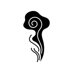 Good odor black glyph icon. Perfume scent swirl. Flavored fume smell. Aroma air wave, fume. Smoke puff, steam curl, evaporation. Silhouette symbol on white space. Vector isolated illustration