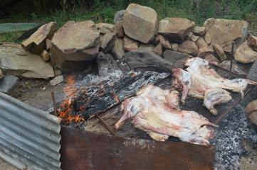 Obraz premium Fuego, leña, parrilla, carne