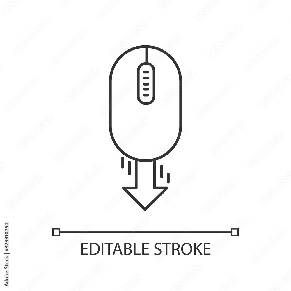 Poster mouse and down arrow pixel perfect linear icon. web page scrolling down. cursor point direction. thi