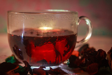 Red Hot Hibiscus tea in a glass mug