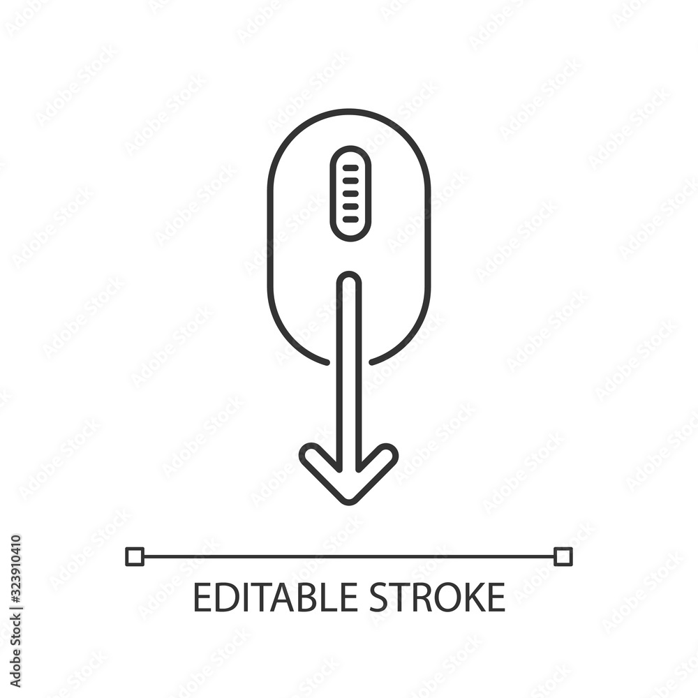 Poster mouse and down arrow pixel perfect linear icon. web page scrolling down indicator. thin line customi