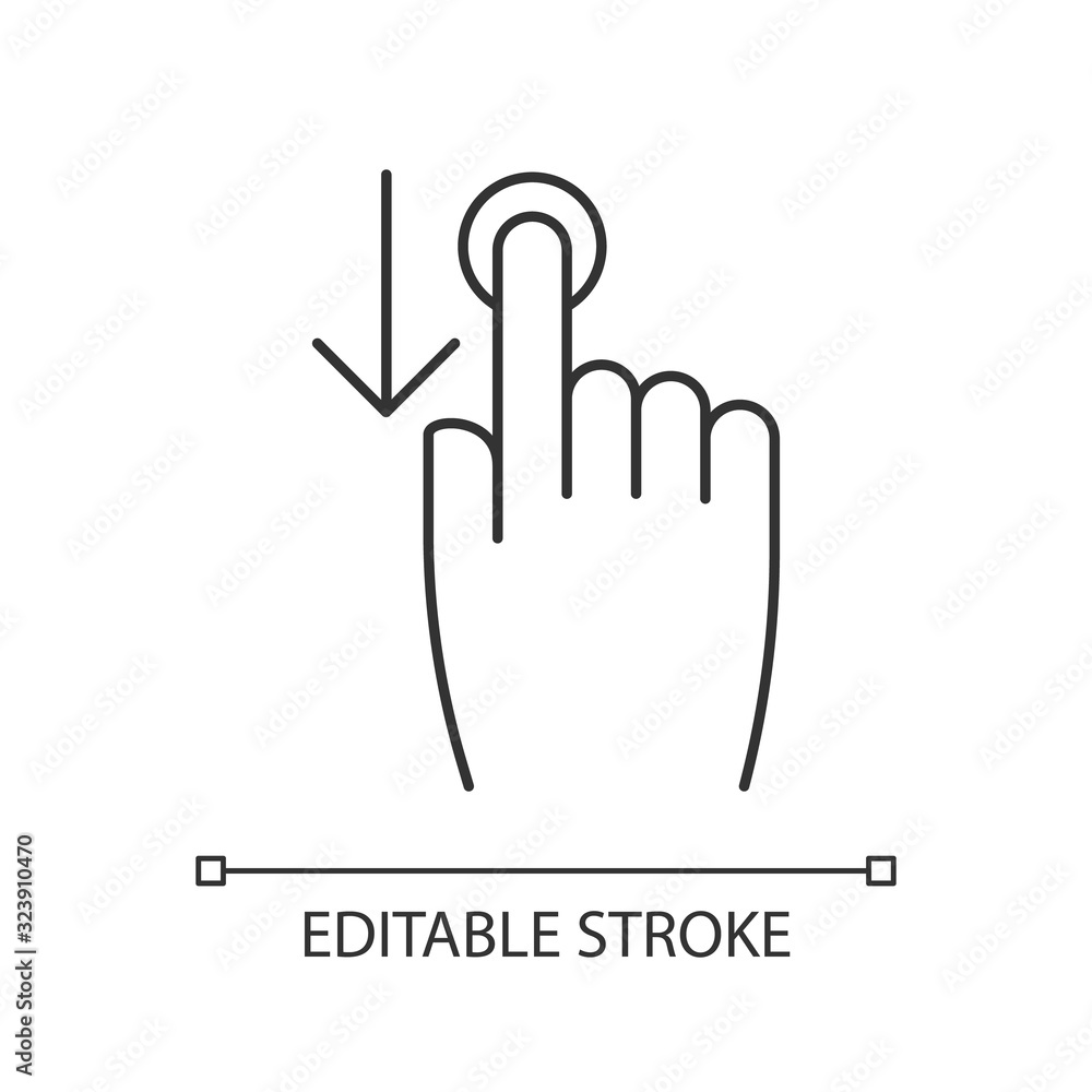Poster down scrolling finger pixel perfect linear icon. scrolldown gesture for smartphone touch screen. thi