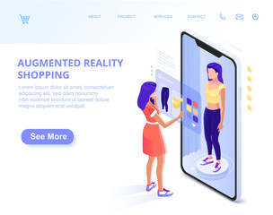 Augmented Reality. augmented reality online shopping. AR. The character uses a smartphone. Landing page template. 3d vector isometric illustration
