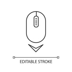Scrolling mouse pixel perfect linear icon. Down arrowhead indicator. Website pointer. Thin line customizable illustration. Contour symbol. Vector isolated outline drawing. Editable stroke