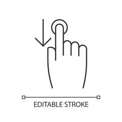 Down scrolling finger pixel perfect linear icon. Scrolldown gesture for smartphone touch screen. Thin line customizable illustration. Contour symbol. Vector isolated outline drawing. Editable stroke