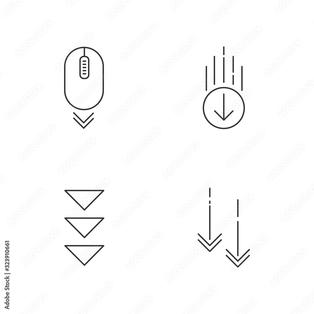 Poster scrolling down pixel perfect linear icons set. moving arrows. download indicators. way direction. cu