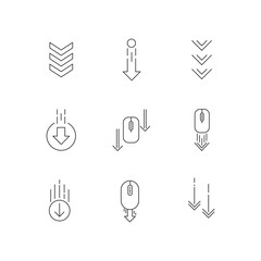 Scrolling down arrows pixel perfect linear icons set. Web cursor. PC elements, indicators. Customizable thin line contour symbols. Isolated vector outline illustrations. Editable stroke