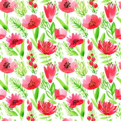 Seamless floral pattern on white background with red flowers. Watercolor illustration. 