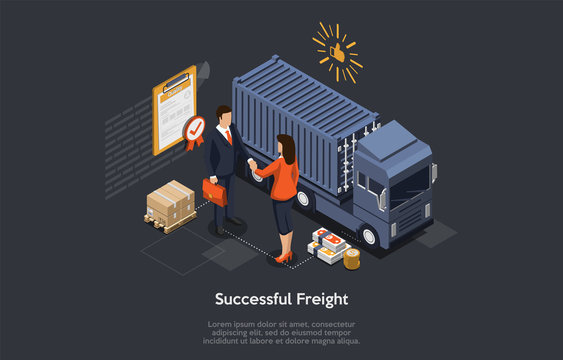 Isometric Successful Logistics Deals, Freight, Storage And Warehouse Concept. Truck, Cargo, Female Manager And male Happy Customer Conclude the Successful Deal And Shaking Hands. Vector Illustration