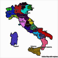 Obraz premium Map of Italy bright graphic illustration. Handmade drawing with map. Italy map with Italian major cities and regions. Colorful bright illustration