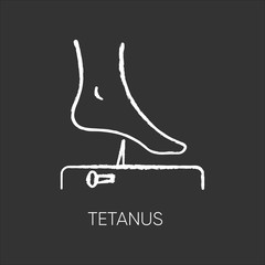 Tetanus chalk white icon on black background. Infectious disease, bacterial infection. Clostridium tetani bacterium protection. Human foot and rusty nail isolated vector chalkboard illustration