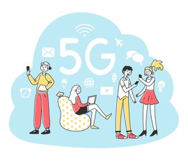 Young people using digital devices. Mobile phone users enjoying 5G high speed wireless internet connection. Vector illustration for interaction, telecom, network, smart technology concept