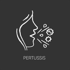 Pertussis chalk white icon on black background. Respiratory bacterial infection, whooping cough. Contagious illness, infectious disease symptom. isolated vector chalkboard illustration