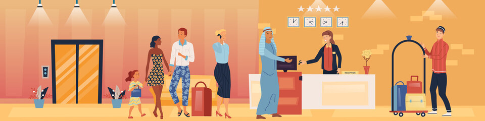 Hotel Service And Staff Concept. Visitors In A Queue In a Hotel. Porter is Carrying Luggage On the Trolley. Receptionist Gives The Keys From Apartments To The Guest. Cartoon Flat Vector illustration