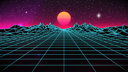 Synthwave Sunset Background. 80s Sun. Wireframe Landscape. Retro Future Perspective Grid. Banner, Poster, Print, Flyer Template. Retrowave Style. Sci-fi Abstract Backdrop. Stock Vector Illustration