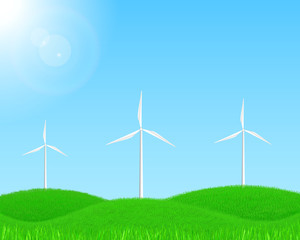 Fototapeta premium Wind turbines on green grassy field, with sunshine. Wind energy environmental concept.