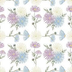 Vector Flowers Daisies in Purple Blue White with Green Leaves on White Background Seamless Repeat Pattern. Background for textiles, cards, manufacturing, wallpapers, print, gift wrap and scrapbooking.