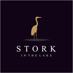 Silhouette stork logo design is standing on the lake