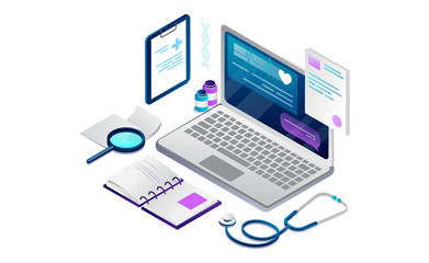 Isometric Concept Of Online Healthcare and Medical Consultation. Laptop With Cardiogram On The Screen, Note Cards, Stethoscope. Online Medical Appointment And Diagnosis. Cartoon Vector Illustration