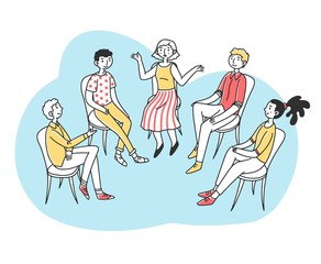 Fototapeta na wymiar Patients discussing their psychological or addiction problem. Group of people sitting in circle and talking. Vector illustration for therapy, counseling, psychology, support, help, community concept