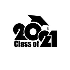 Class of 2021 with Graduation Cap. Flat simple design on white background