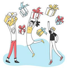 Loyal store customers getting reward. Young people celebrating, holding gifts. Vector illustration for retail, loyalty program, promotion, bonus concept