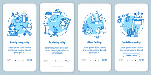 Sexual inequality onboarding mobile app page screen with concepts. Gender role stereotypes and pay gap walkthrough 4 steps graphic instructions. UI vector template with RGB color illustrations