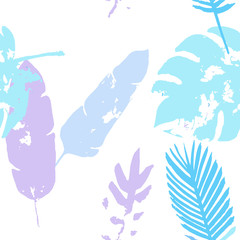 Palm, Banana Leaves Vector Seamless Pattern, Blue Pink Purple Indigo Floral Textile. Brushed 