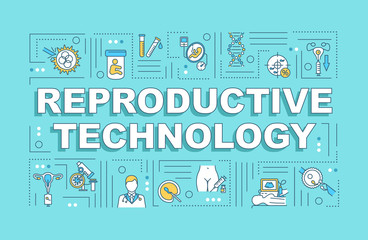 Reproductive technology word concepts banner. Scientific research. Biochemistry. Infographics with linear icons on blue background. Isolated typography. Vector outline RGB color illustration