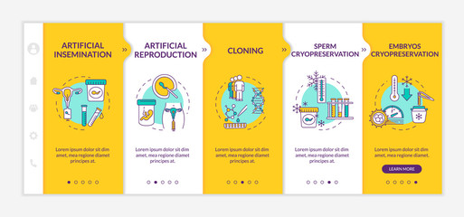 Reproductive technology onboarding vector template. Artificial reproduction. Cells cryopreservation. Responsive mobile website with icons. Webpage walkthrough step screens. RGB color concept