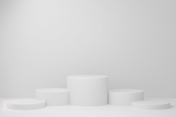 3d illustration with geometric four step white cylinder podium platform for cosmetic product presentation.Mock up design empty space. Abstract composition in pastel background modern style
