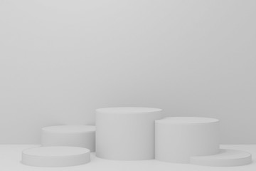 3d rendered illustration with geometric step white cylinder podium platform for cosmetic product presentation.Mock up design empty space. Abstract composition in pastel background modern style