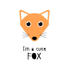 Cute fox. Cartoon animal face. Vector funny illustration for kids t-shirt print design, poster, gift card