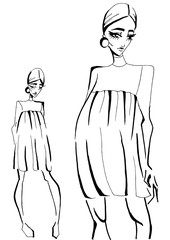  Fashion sketch of fashion design art in a dress with a short skirt empire style. Fashion model hand drawn black ink lines pose isolated clothing. Drawing line fashionable black ink art