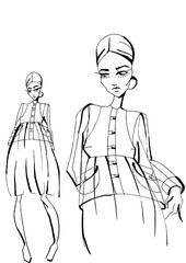 illustration of a fashionable girl in two positions. one approximate pose and full-length model. Fashion sketch of fashion design art . Fashion model hand drawn black ink lines pose isolated clothing