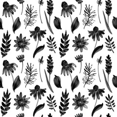 Black and white seamless pattern with flowers on white background. Watercolor illustration.