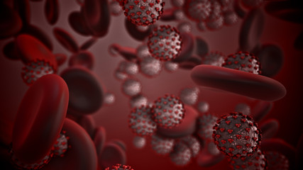 Coronavirus COVID-19. 3d render of coronavirus particles in human blood