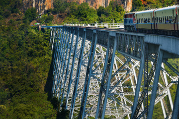 Train on Goteik viaduct railway trestle between Pyin Oo Lwin and Lashio - Myanmar