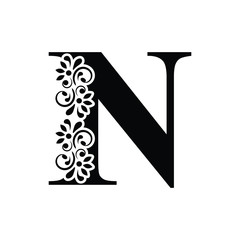 letter N. Vintage black flower ornament initial letters.  Alphabet. Logo vector 