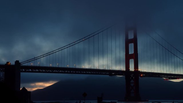 Static View of Stormy Clouds Moving Over Golden Gate Bridge, San Francisco California USA. Twilight Over Famous Landmark