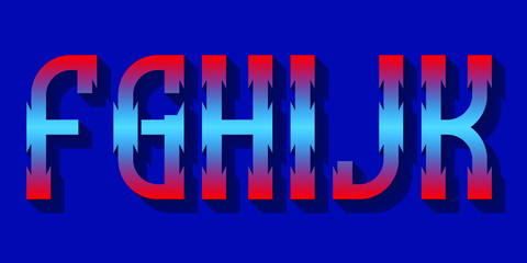 F, G, H, I, J red blue gradient letters with shadow. Urban 3d font.