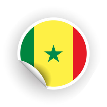 Sticker of Senegal flag with peel off corner isolated on white background. Paper banner or circle curl label sticker with flip edge. Vector color post note for advertising design
