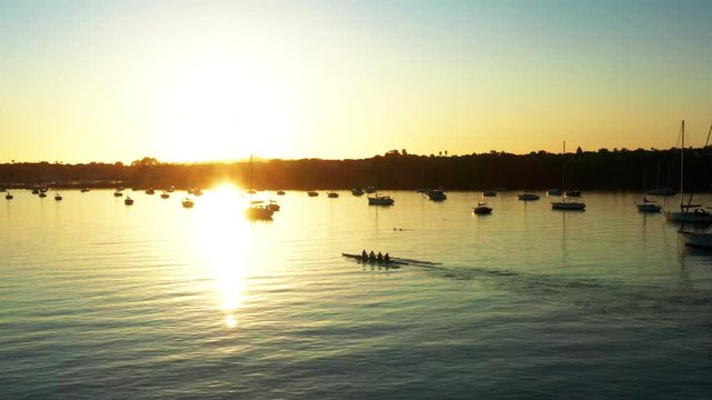 Seascape Aerial Sunset View Above Rowing Coxless Four, Auckland, NZ