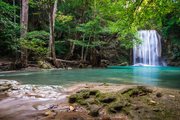 Waterfall in Tropical forest at Erawan waterfall National Park, Thailand	