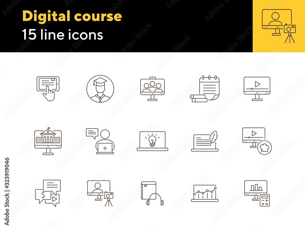 Poster digital course line icon set. student, computer, lection. e-learning concept. can be used for topics
