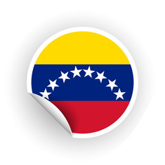 Sticker of Venezuela flag with peel off corner isolated on white background. Paper banner or circle curl label sticker with flip edge. Vector color post note for advertising design