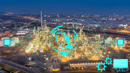 Aerial view of chemical oil refinery plant, power plant at sunset sky for industry and maintenance concept.
