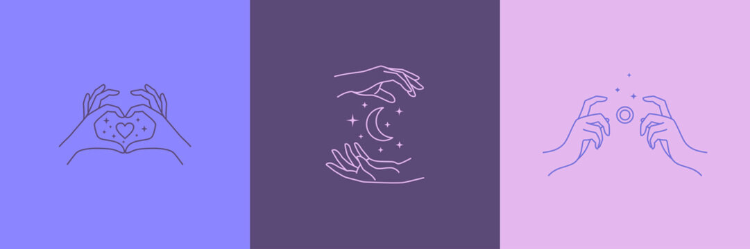 Women's hands logos in a minimal linear style. Vector emblems with hand gestures holding the moon, stars, camera, heart.