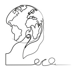 One continuous line drawing of Human Hand Isolated On White Holding Planet Earth Save the world concept.